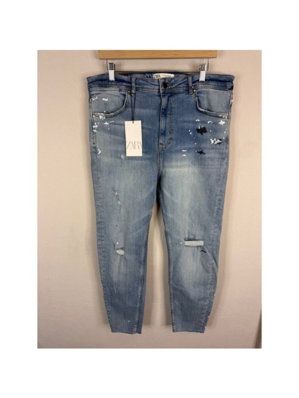 Zara Men Tapered Light Wash Paint Splatter Distressed Jeans Blue Size 36 NEW